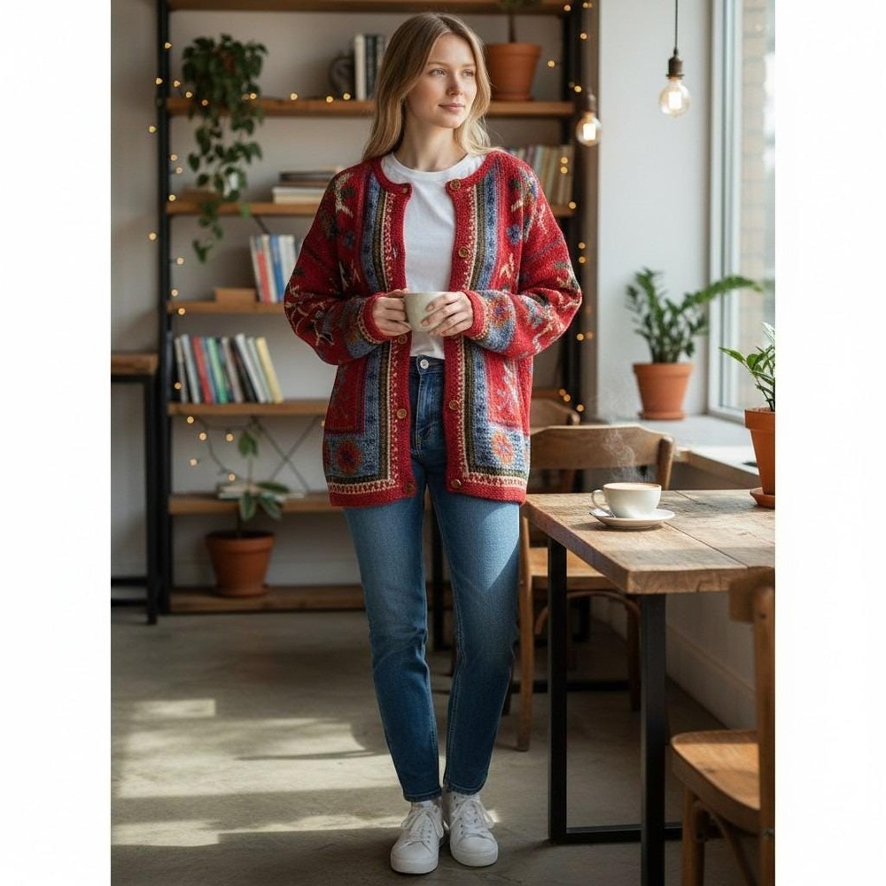 Cottagecore Prairie Y2K 90s Cotton Boho Cozy Red Floral Knit Cardigan L Sweater
